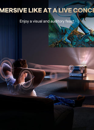 3-in-1 Outdoor Projector 4K Supported, AURZEN BOOM 3 Smart Projector with WiFi and Bluetooth, 3D DoIby Audio & 36W Speakers, Auto Focus & Keystone, Built in NetfIix App 500 ANSI Home proyector, Gold