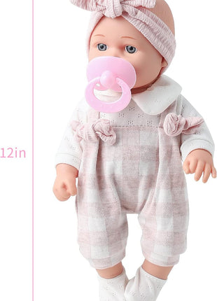 Enjoyin 12'' Baby Doll in Gift Box with Pink Cloths, Pacifier, 13''x13'' Microfabric Blanket, and Feeding Bottle. Gift Idea for Ages 3+