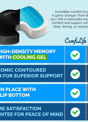 ComfiLife Premium Gel & Memory Foam Seat Cushion – Doctor Recommended Office Chair Cushion, Car Seat Cushion – Chair Cushions for Back & Sciatica Pain Relief – Seat Cushions for Office & Desk (Black)