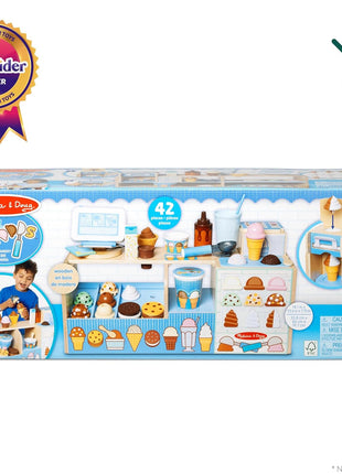 Melissa & Doug Cool Scoops Ice Creamery, Wooden Ice Cream Shop & Counter with Play Food & Play Kitchen Accessories, Preschool Learning Toys for Girls & Boys 3+ - FSC Certified