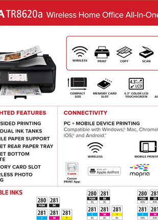 Canon PIXMA TR8620a - All-in-One Printer Home Office|Copier|Scanner|Fax|Auto Document Feeder | Photo, Document | Airprint (R), Android, Black, Works with Alexa