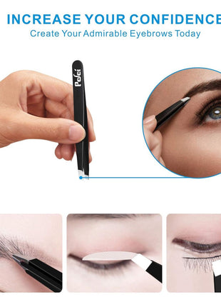 Pefei Tweezers Set - Professional Stainless Steel Tweezers for Eyebrows - Great Precision for Facial Hair, Splinter and Ingrown Hair Removal (Black)