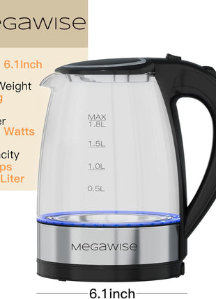 Megawise Electric Glass Kettle with Auto Shut-Off (1.8L)