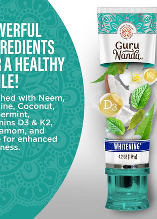 GuruNanda Hydroxyapatite Toothpaste, SLS & Fluoride Free, Whitening Toothpaste - Freshens Breath, Fights Plaque - Natural CocoMint Jasmine Neem, 4.2oz