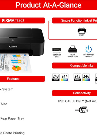 Canon TS202 Inkjet Photo Printer, Black (USB Required, not Included)