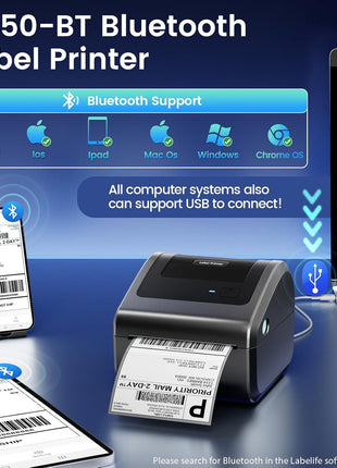Bluetooth Shipping Label Printer with Built-in Label Bin | D450BT 4x6 Thermal Label Printer for Shipping Packages, Thermal Printers Compatible with Android, iPhone, Windows, macOS, UPS