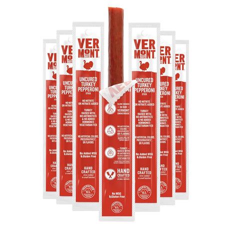 Vermont Smoke & Cure - Turkey Uncured Pepperoni Meat Sticks - Protein Snacks - On the Go Healthier Snack for Adults & Kids - 24 Count