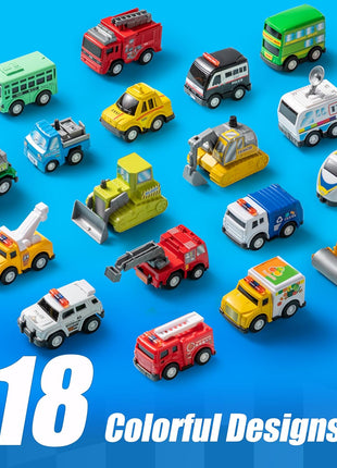 JOYIN 18 Pcs Pull Back City Cars and Trucks Toy Vehicles Set, Friction Powered Mini Cars Toys for Toddlers, Party Favors for Kids 3-5, Birthday Gifts for Boys and Girls, Goodie Bag Stuffers