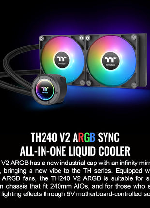 Thermaltake TH240 ARGB Sync V2 CPU Liquid Cooler/AlO Liquid Cooling/Fan 120mm*2/PWM 500~2000 RPM/Mirror Waterblock/MB ARGB Sync Control, CL-W361-PL12SW-A , Black