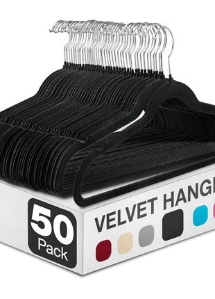 Zober Velvet Hangers 50 Pack - Black for Coats, Pants & Dress Clothes - Non Slip w/ 360 Degree Swivel, Holds up to 10 lbs - Strong Felt Hangers for Clothing