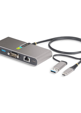 StarTech.com 2-Port USB-C Hub with Gb Ethernet and RS232 FTDI Serial, Attached USB-C to USB-A Dongle, 100W PD Pass-Through, 2X USB-A 5Gbps