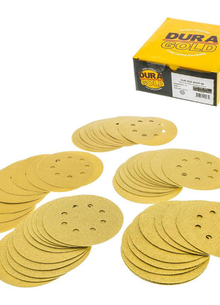 Dura-Gold Premium - Variety Pack - 5" Gold Sanding Discs - 8-Hole Dustless Hook and Loop - 10 Each of Grit (60, 80, 120, 220, 320) - Box of 50 Sandpaper Finishing Discs for Woodworking or Automotive