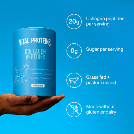 Vital Proteins Grass Fed Collagen Peptides Powder, Supports Hair, Skin, Nails, Bones, and Joints Health, Hydrolyzed Peptides - Zero Sugar, Unflavored, 20oz