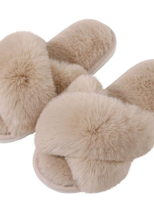 Evshine Women's Fuzzy Slippers Cross Band Memory Foam House Slippers Open Toe Indoor Outdoor Shoes, White, 38-39 (Size 7-8)