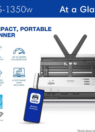 Brother ADS-1350W Wireless Compact Desktop Scanner | Scan Speeds of Up to 30ppm | Single Pass Double-Sided Scanning