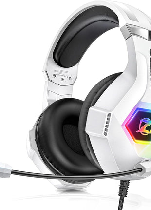Ozeino Gaming Headset for PC, Ps4, Ps5, Xbox Headset with 7.1 Surround Sound Gaming Headphones with Noise Canceling Mic, LED Light Over Ear Headphones for Switch, Xbox Series X/S, Laptop, Mobile White
