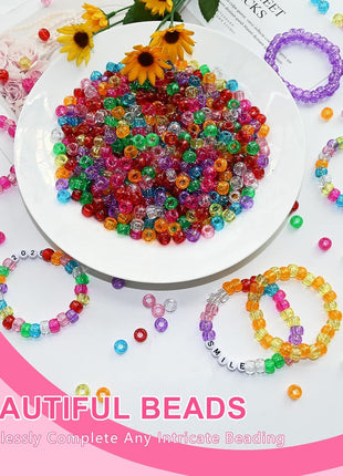 Amaney 500 Pieces Glitter Pony Beads 6x9mm Mixed Colors Transparent Plastic for Hair Braids Jewelry Making
