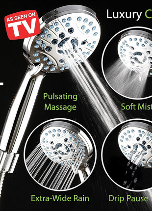 AquaCare High Pressure 8 mode Handheld Shower Head   Anti clog Nozzles, Built in Power Wash to Clean Tub, Tile & Pets, Extra Long 6 ft. Stainless Steel Hose, Wall & Overhead Brackets