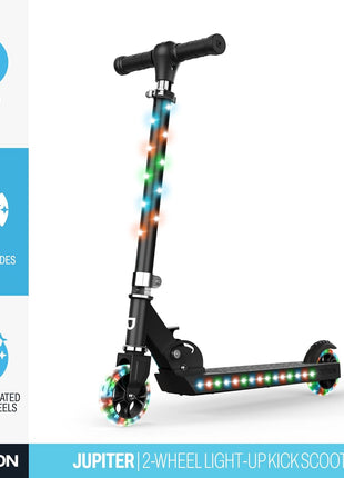 Jetson Jupiter Kids 2-Wheel Light-Up Kick Scooter, LED Lights on Handlebar, Stem, Wheels & Deck, Adjustable Handlebar, Rear Brake, Easy-Folding Mechanism, Ages 5+