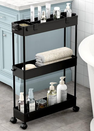 SPACELEAD Slim Storage Cart 3 Tier,Bathroom Organizer Rolling Utility,Mobile Shelving Unit Slide Out for Office, Kitchen, Laundry Room & Narrow Places,Black