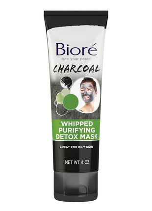 Bioré Charcoal Whipped Purifying Detox Mask, with Natural Charcoal, Deep Pore Cleansing, 4 Ounce, Dermatologist Tested, Non-Comedogenic, Oil Free
