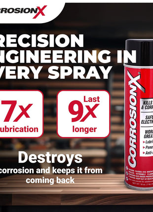 CorrosionX Rust Inhibitor, Industrial-Strength Dielectric Corrosion Prevention, Lubricant & Penetrant for Marine, Automotive, Electronics & RV Use, Protects Bolts, Cables, Engines, Parts, 16oz Aerosol