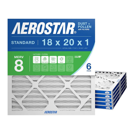 Aerostar 18x20x1 MERV 8 - 6 Count - High Efficiency Pleated HVAC, Furnace & Air Conditioner Filters - Removes Dust, Lint, Mold & Allergy-Causing Pollen