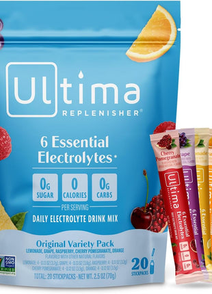 Ultima Replenisher Original Variety Electrolyte Packets, 20 Stickpacks | Daily Zero Sugar Powder Hydration Packets with 6 Key Electrolytes & Minerals - Sugar Free, Plant Based & Keto Friendly