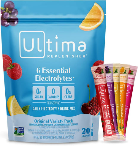 Ultima Replenisher Original Variety Electrolyte Packets, 20 Stickpacks | Daily Zero Sugar Powder Hydration Packets with 6 Key Electrolytes & Minerals - Sugar Free, Plant Based & Keto Friendly