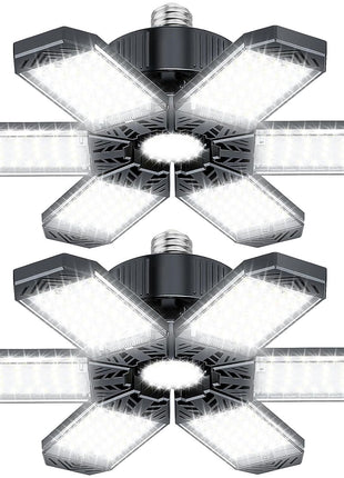 XINGHUANLIT Garage Light 2 Pack - 200W 20000LM Garage Lights Ceiling LED 6500K with 6 Deformable Panels, Screw in E26/E27 Bulb Socket LED Shop Lights for Workshop Barn Basement Gym Bay Lighting
