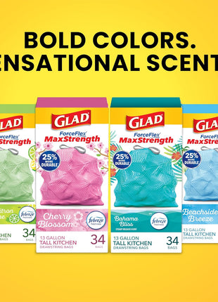 Glad Tall Kitchen Trash Bags 13 Gallon, MaxStrength Cherry Blossom Garbage Bags, Drawstring, 90 Count