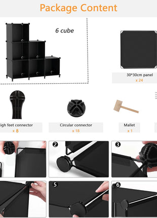 AWTATOS Cube Storage Organizer, Storage Cubes Shelves Bookshelf, 6 Cube Closet Organizers and Storage, DIY Stackable Plastic Clothes Organizer Shelving for Bedroom, Home, Black