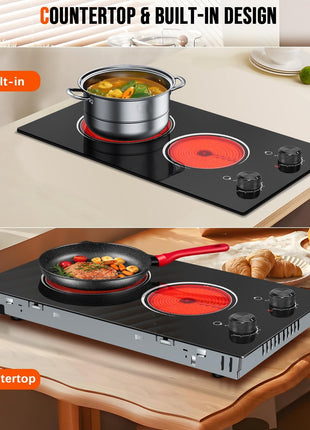 2 Burner Electric Cooktop 110V, 12 Inch Electric Cook Top Plug in, 2000W Electrics Stove with Knob Control, Countertop & Built-in Ceramic Stovetop, 9 Heating Level, Residual Heat Indicator