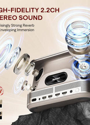 3-in-1 Outdoor Projector 4K Supported, AURZEN BOOM 3 Smart Projector with WiFi and Bluetooth, 3D DoIby Audio & 36W Speakers, Auto Focus & Keystone, Built in NetfIix App 500 ANSI Home proyector, Gold