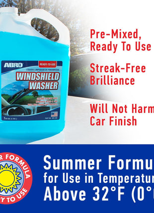 ABRO Windshield Washer Fluid Ready to Use Formula - 1 Gallon, Pre-Mixed, Streak-Free Cleanliness, 2-In-1 Removes Bugs & Tar