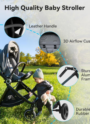 EMU Full-Size Foldable Baby Stroller Full Recline Cockpit Compact Toddler Stroller with Reversible Seat All-Terrain Newborn Infant Pram Carriage for City Outdoor - Dark Blue