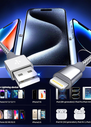 iPhone Charger 3pack 10FT Apple MFi Certified Long Lightning Cable Fast Charging High Speed Data Sync USB Cable Compatible iPhone 14 13/12/11 Pro Max/XS MAX/XR/XS/X/8/7/Plus/6S (Grey White)