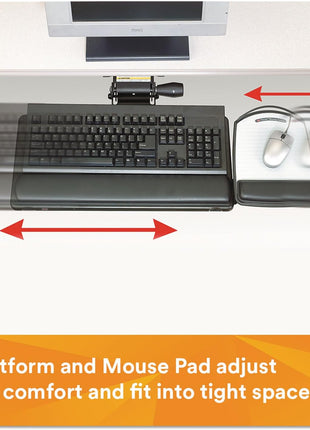 3M Keyboard Tray with Adjustable Keyboard and Mouse Platforms, Turn Knob to Adjust Height and Tilt, Swivels and Stores Under Desk, Gel Wrist Rest and Precise Mouse Pad, 17.75" Track, Black (AKT80LE)