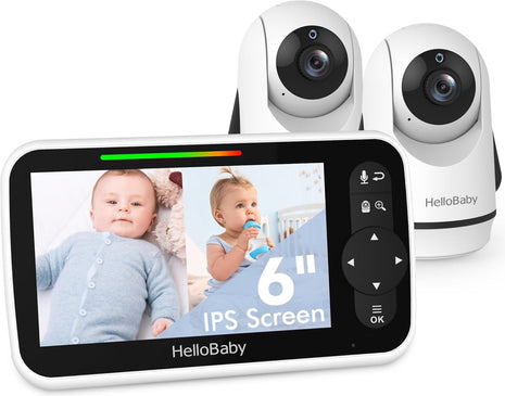 HelloBaby Video Baby Monitor with Upgraded 6inch IPS Large Screen, Split Screen with 2 Cameras, Night Vision and Temprature Monitoring, Remote Pan-Tilt-Zoom Camera, No-WiFi