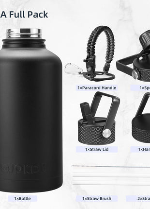 BJPKPK Half Gallon Insulated Water Bottles with Straw Lid, 64oz Large Water Jug, Stainless Steel Bottles with 3 Lids and Paracord Handle, Thermo for Hot & Cold Liquid, Black