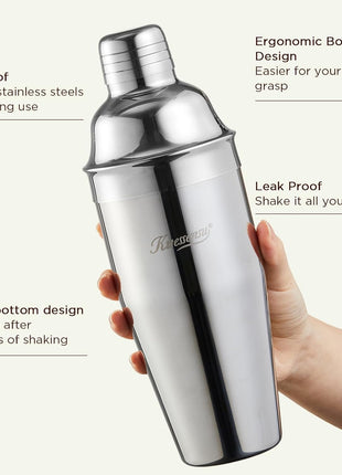Cocktail Shaker, KITESSENSU 24oz Drink Shaker with Bartender Strainer, Measuring Jigger, Bar Mixing Spoon, Cocktail Recipe Guide, Professional Drink Mixer Set for Beginners, Silver