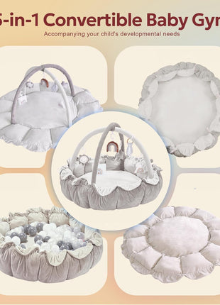 5-in-1 Thick & Plush Baby Play Gym, Baby Play Mats for Floor, Tummy Time Mat with 6 Toys, Convertible Stage-Based Developmental from Babies to Toddlers, Ball Pit, Pet Cushion Cloudico, Grey