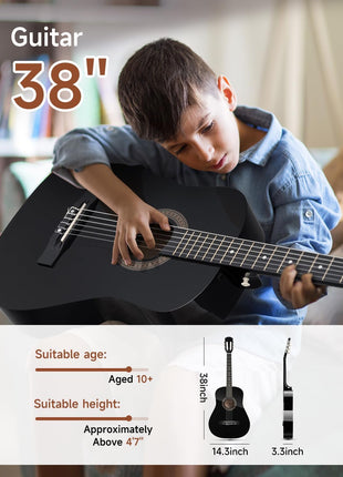 Moukey 38" Acoustic Guitar for Beginners Kids Youth Adult Dreadnought Guitarra Acustica Kit with Chord Poster, Gig Bag, Tuner, Picks, Nylon Strings, Capo, Strap - Black