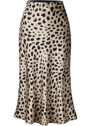 Keasmto Leopard Skirt for Women Midi Length High Waist Silk Satin Elasticized Cheetah Skirts L