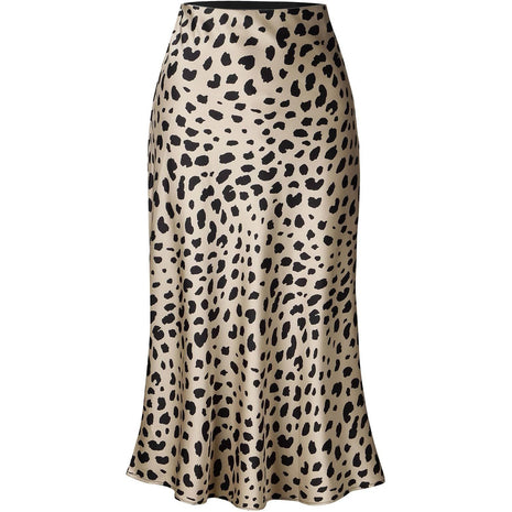 Keasmto Leopard Skirt for Women Midi Length High Waist Silk Satin Elasticized Cheetah Skirts L