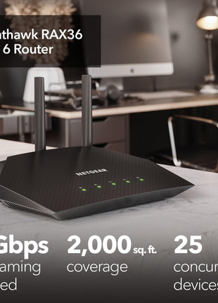NETGEAR Nighthawk WiFi 6 Router (RAX36) – Router Only, AX3000 3 Gbps Wireless Speed – Dual-Band Gigabit Internet – Covers 2,000 sq. ft., 25 Devices – Built-in VPN, USB 3.0, Gaming