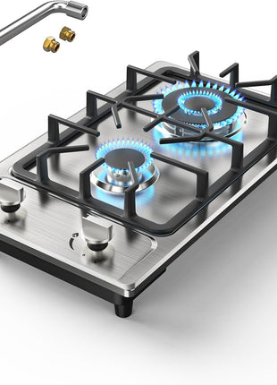 Gas Stove 2 Burner, Propane Cooktop 12 inch, Nafewin Portable Gas Cooktop Stainless Steel Stove Burner with Thermocouple Protection, Lpg/Ng Dual Fuel Built-in Hob for Apartments, Outdoor, Rvs