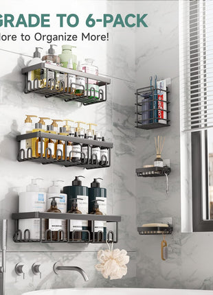 Veken Shower Caddy 6-Pack, Bathroom Organizers and Storage Shelves, Black | Advanced Rustproof Design, Large Capacity, No Drilling, Adhesive Rack with Soap Holder, Wall-Mounted Kitchen & Home Decor