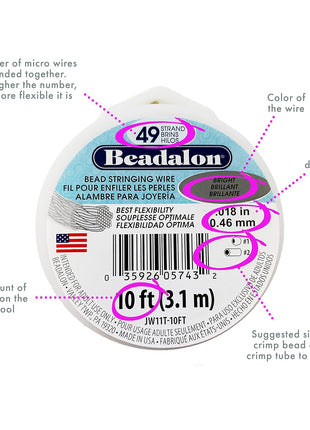 Beadalon 49 Strand Stainless Steel Bead Stringing Wire, .018 in / 0.46 mm, Bright, 100 ft / 31 m