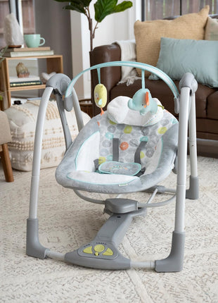 Ingenuity Swing 'n Go 5-Speed Baby Swing - Foldable, Portable, 2 Plush Toys & Sounds, 0-9 Months 6-20 lbs (Hugs & Hoots)